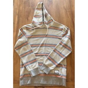 Quiksilver Mens Sweater M Medium Hooded Gray Striped Pullover Otway Terry